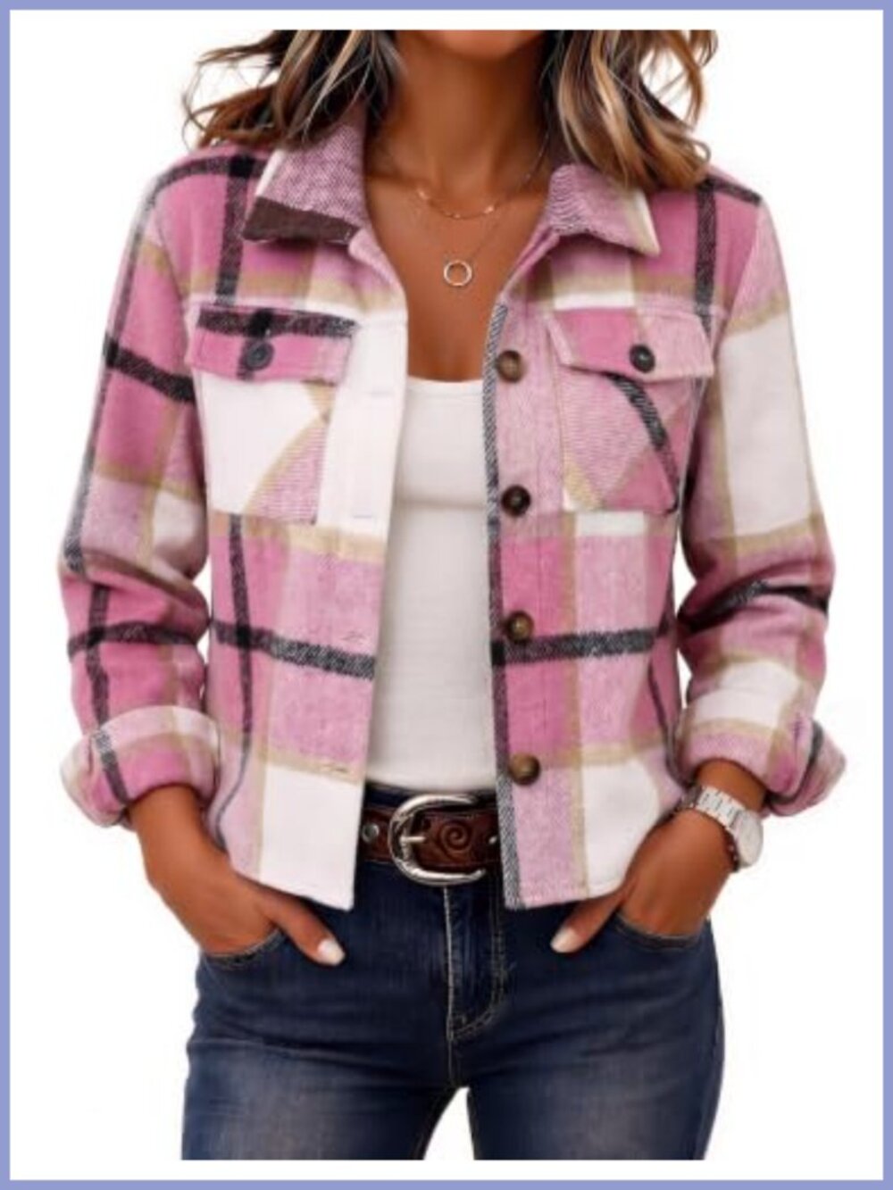 Cropped Plaid Flannel Shacket Jacket Button Down Loose Fit Fall Coat